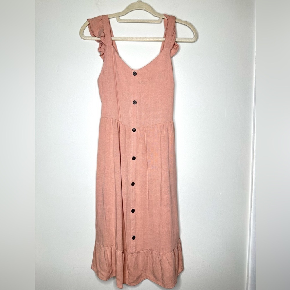 Women’s Monteau Los Angeles Ruffled Sleeve Button Dress Linen Blend Blush Size M